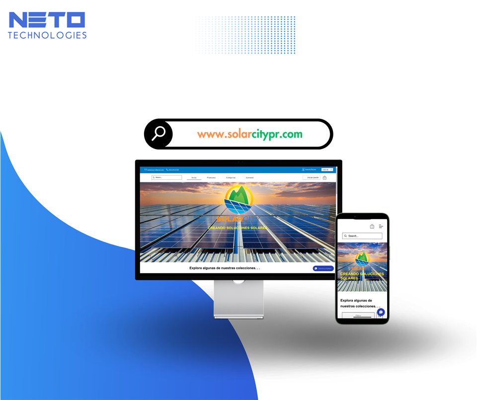 Presentación del sitio web de Solar City PR en computadora y teléfono